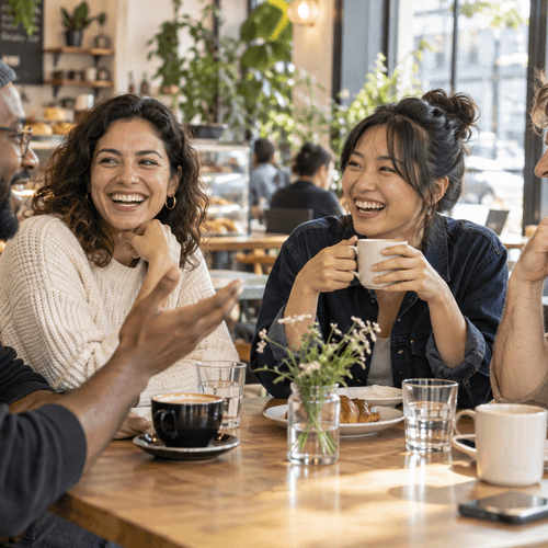 Two people talking at an outdoor cafe table